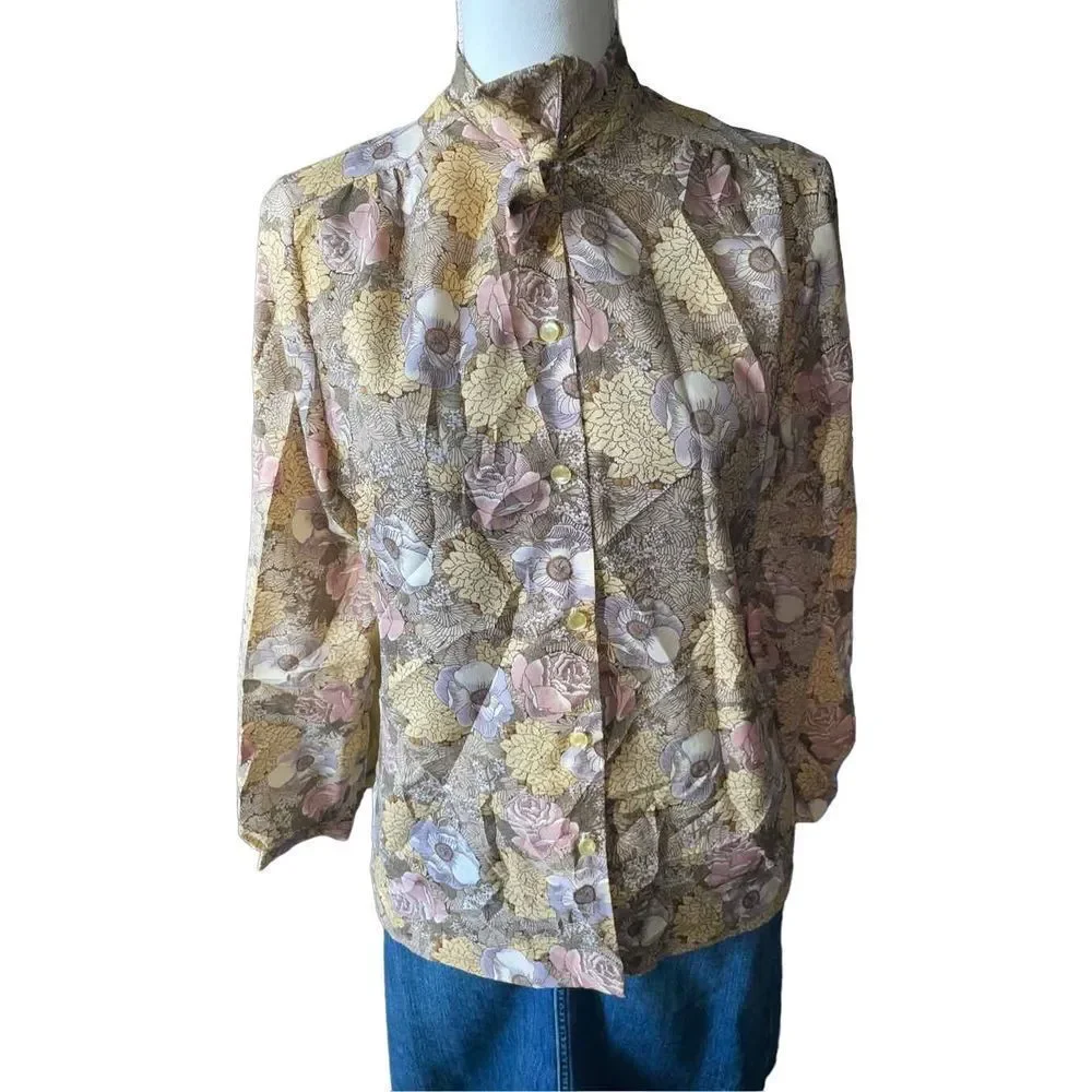 Vintage Rhonda Lee Pussy Bow Floral Shirt Petit Small - Picture 3 of 4